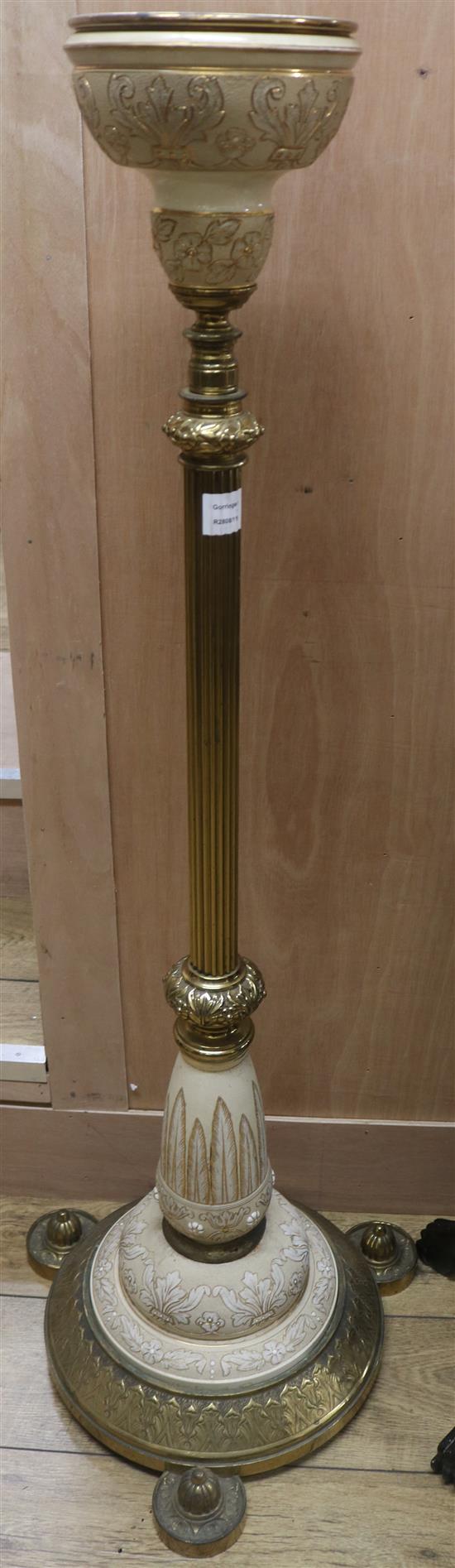A late Victorian ornate brass and ceramic lamp standard H.130cm